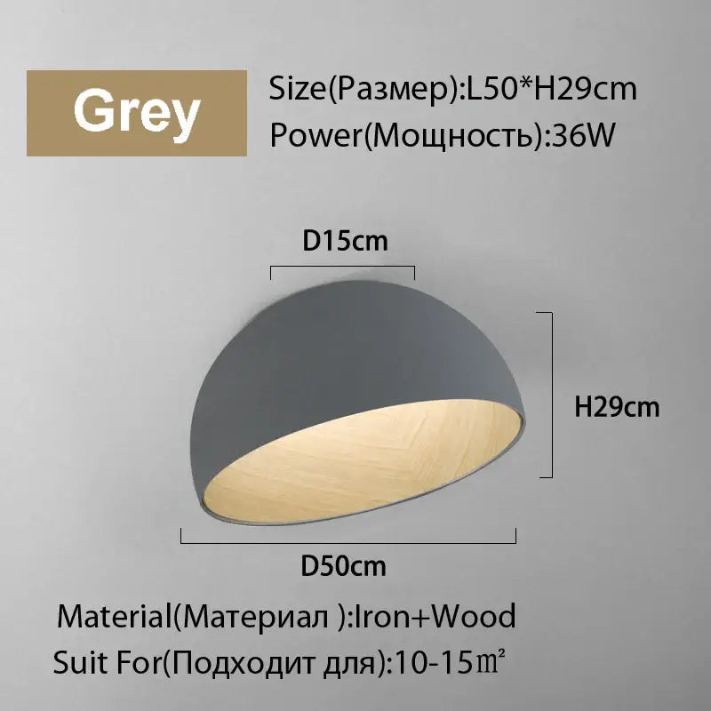 Modern white and wood duo ceiling light with grey dome shape and wooden interior made of iron and wood for kitchen use