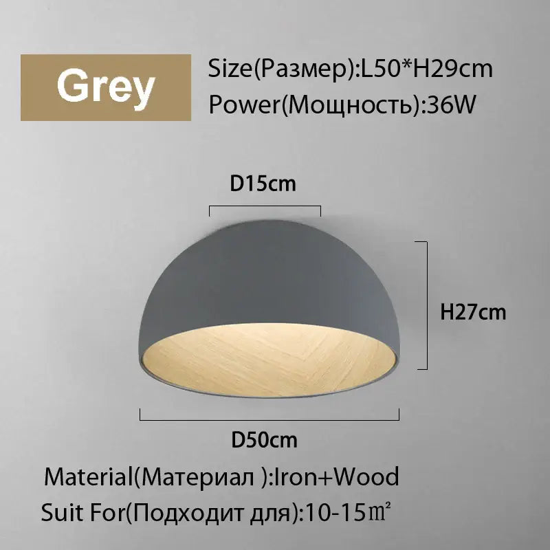 Modern white and wood duo ceiling light with a grey dome-shaped iron exterior and light wood interior for kitchen use