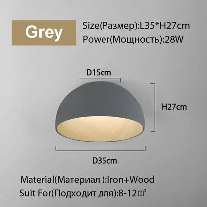 Modern white and wood duo ceiling light with grey dome shape wooden interior and iron frame for small spaces