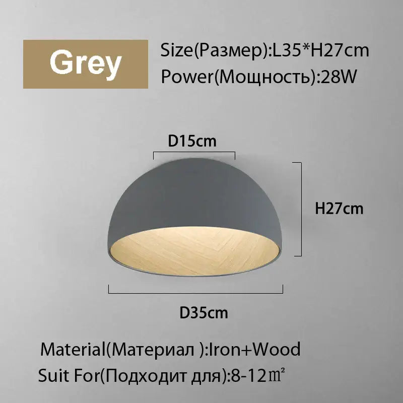 Modern white and wood duo ceiling light with grey dome shape wooden interior and iron frame for small spaces