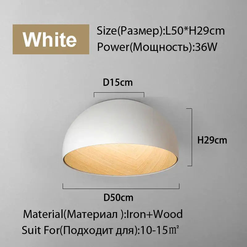 Modern white and wood duo ceiling light with dome shape made of iron and wood for kitchen ceiling light