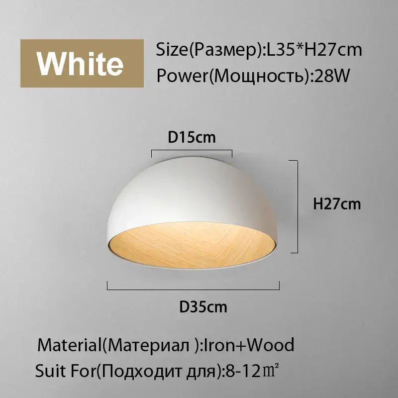 Modern white and wood duo ceiling light with a dome shape made of iron and wood for kitchen use