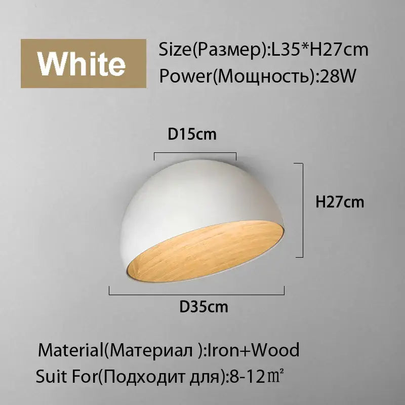 Modern white and wood duo ceiling light with iron frame and wooden interior ideal for kitchen dome lighting