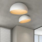 Modern white and wood duo ceiling light with dome shape featuring a warm wooden interior for kitchen use