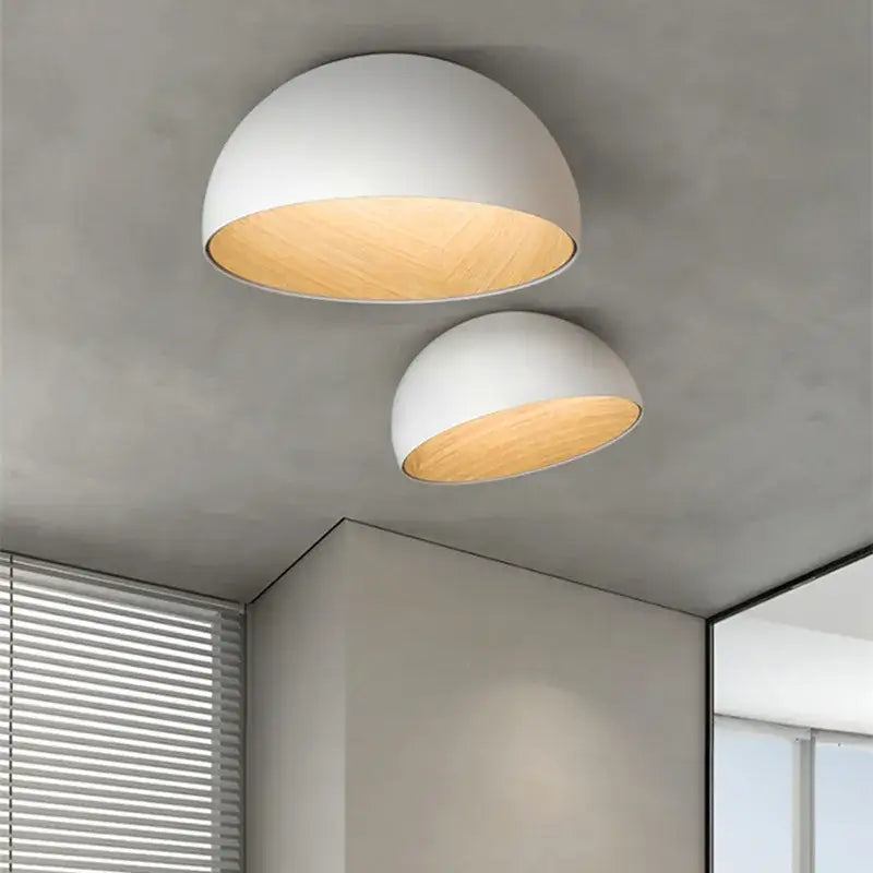 Modern white and wood duo ceiling light with dome shape featuring a warm wooden interior for kitchen use