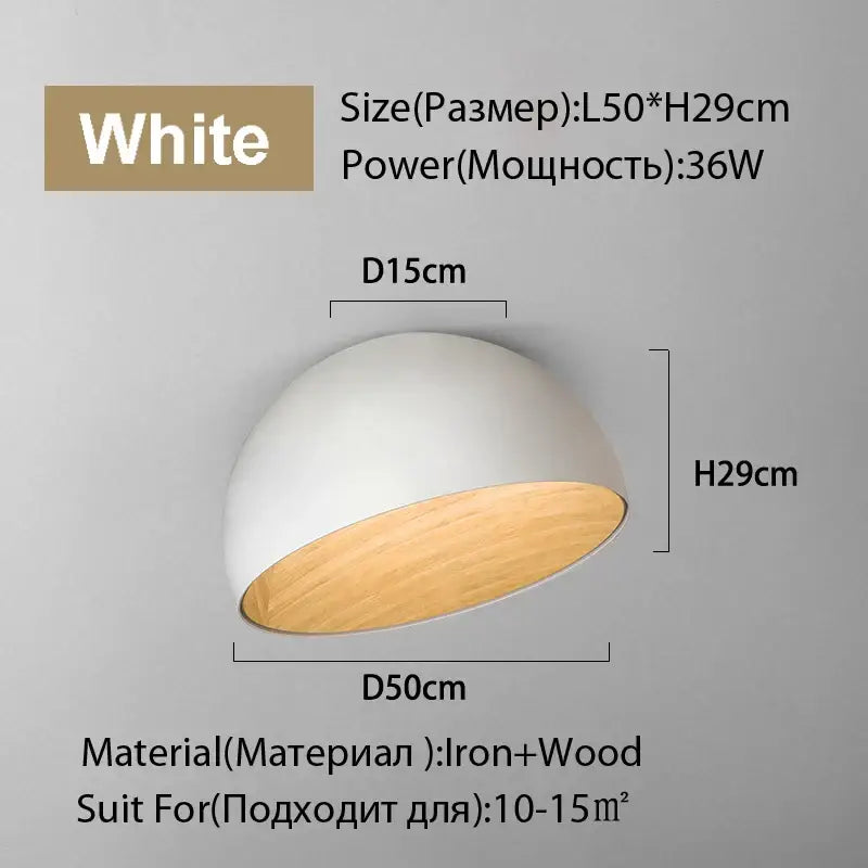 Modern white and wood duo ceiling light with iron frame and wooden interior ideal for kitchen dome lighting