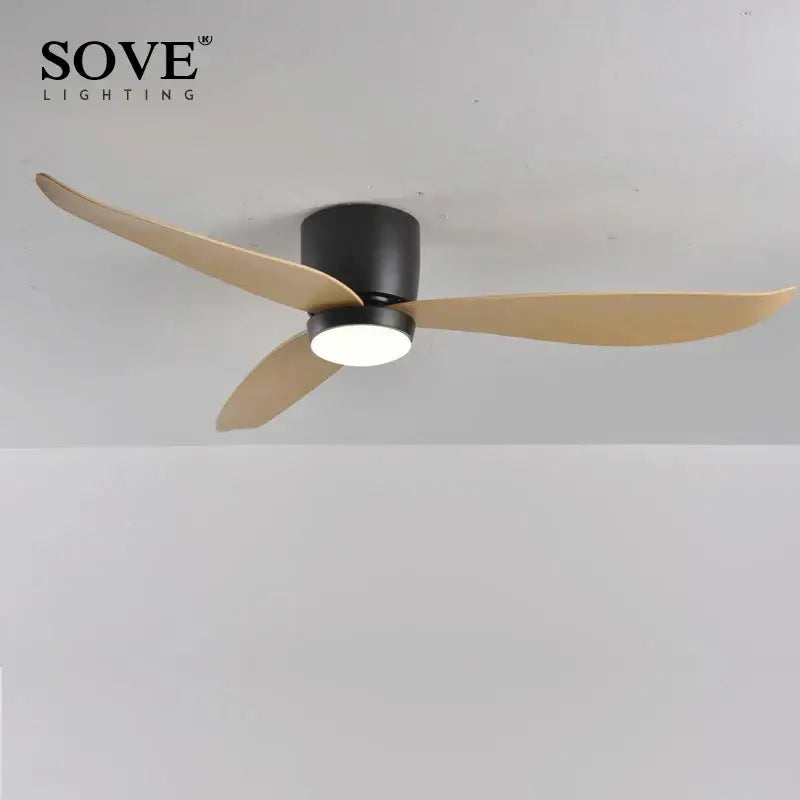 Modern white and wood ceiling fan with black and light wood sove lighting and remote control decorbites led ceiling fan