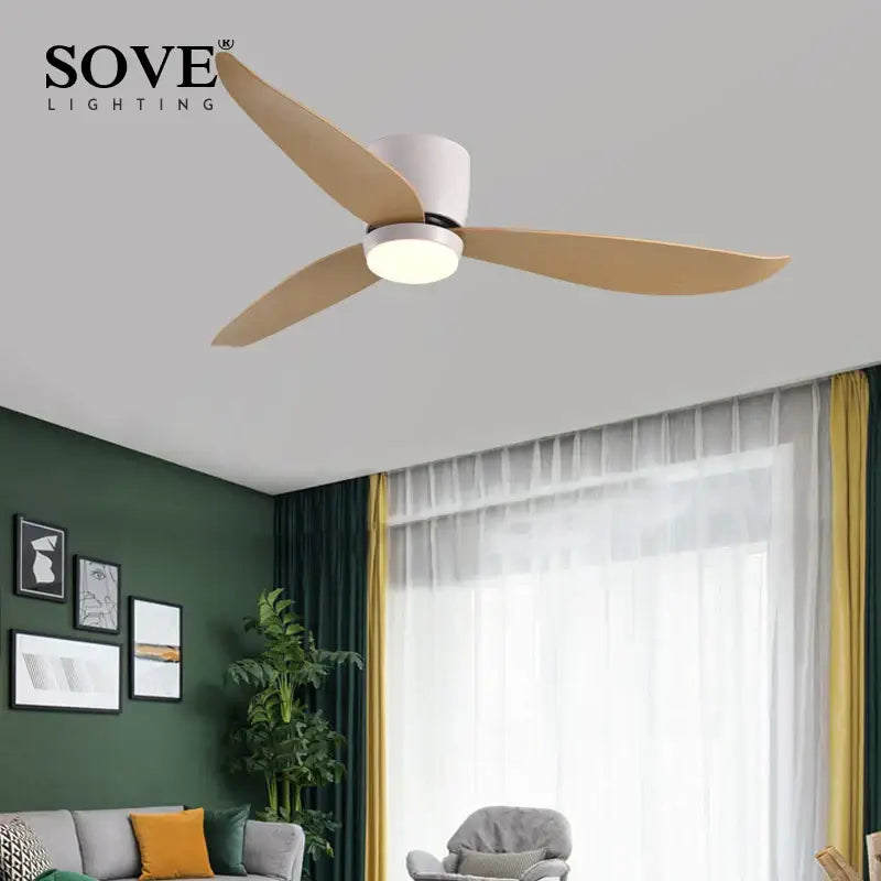 Sove lighting ceiling fan with three light wood blades and white central housing modern remote control decorbites led ceiling fan