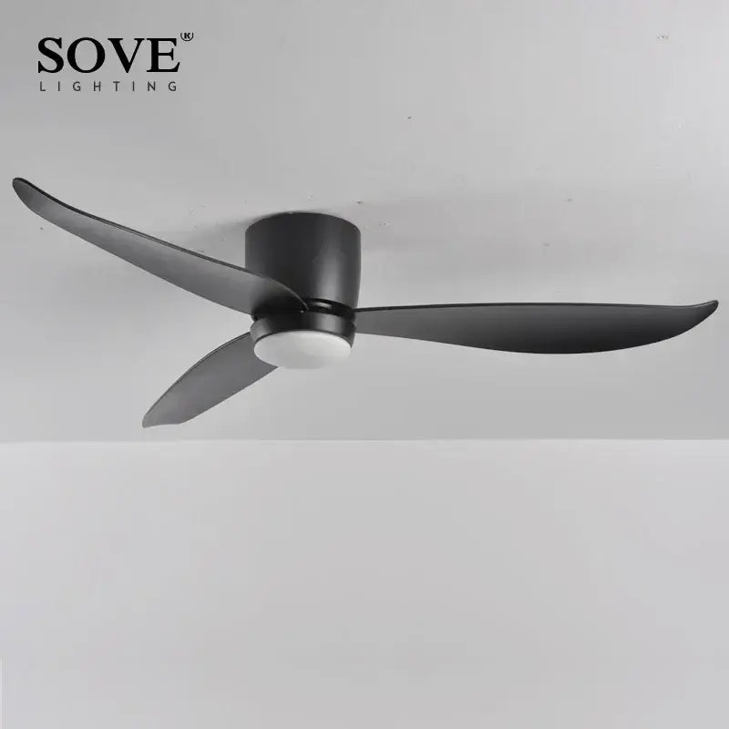 Modern white and wood led ceiling fan with remote control featuring black matte three blades and central white light fixture