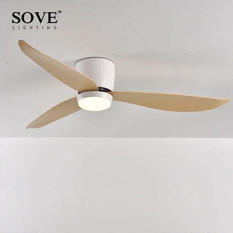 Modern white and wood decorbites led ceiling fan with remote control and three light wood blades for bedroom use