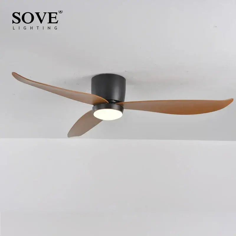 Modern white and wood ceiling fan with sleek black motor, warm wooden blades, led light, and remote control for bedroom decorbites led ceiling