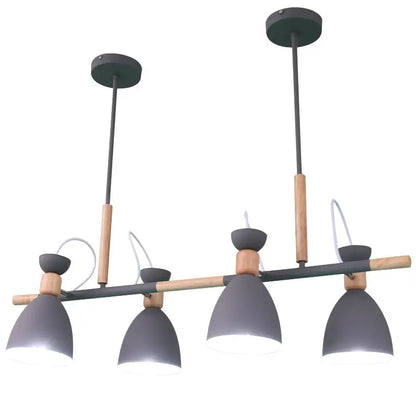 Modern gray metal and wood nordic 4-light bell pendant light fixture for dining room with adjustable metal island design