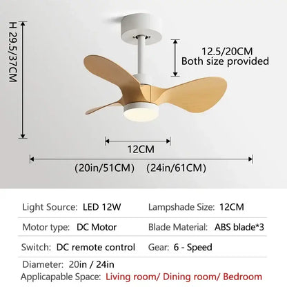 Modern white and wood mini ceiling fan with three light-colored wooden blades and integrated led lamp for bedroom use