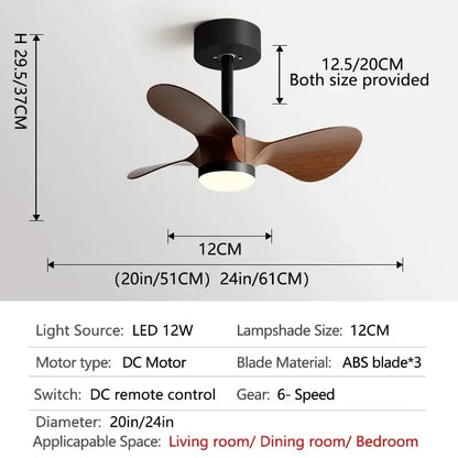 Modern white and wood mini ceiling fan with three dark wood abs blades black motor housing and integrated led light