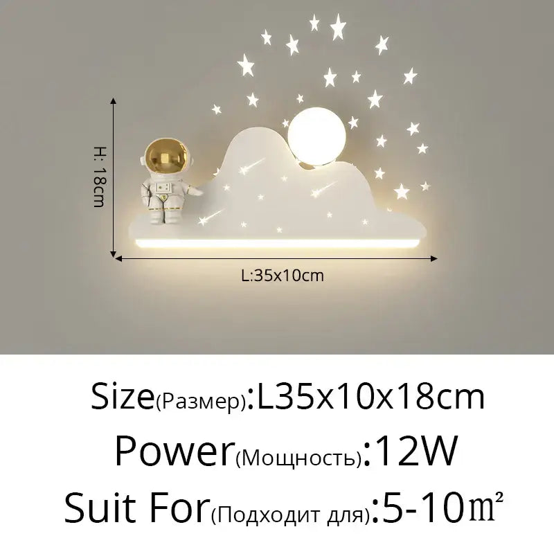 Modern white astronaut moon wall lamp with glowing moon star decals and gold astronaut figurine for children’s bedroom decorbites astronaut moon wall lamp