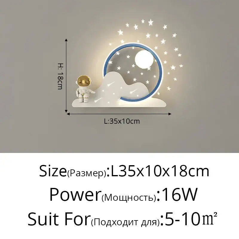 A modern white and gold decorbites astronaut moon wall lamp with a moonlit starry night light for children’s bedroom decor