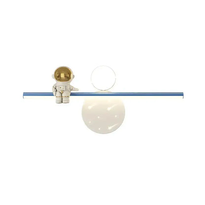 Modern white astronaut moon wall lamp featuring a decorbites astronaut moon figurine with gold helmet and blue bar decor
