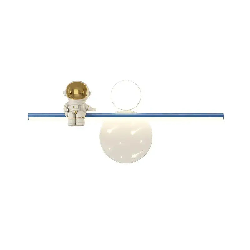 Modern white astronaut moon wall lamp featuring a decorbites astronaut moon figurine with gold helmet and blue bar decor