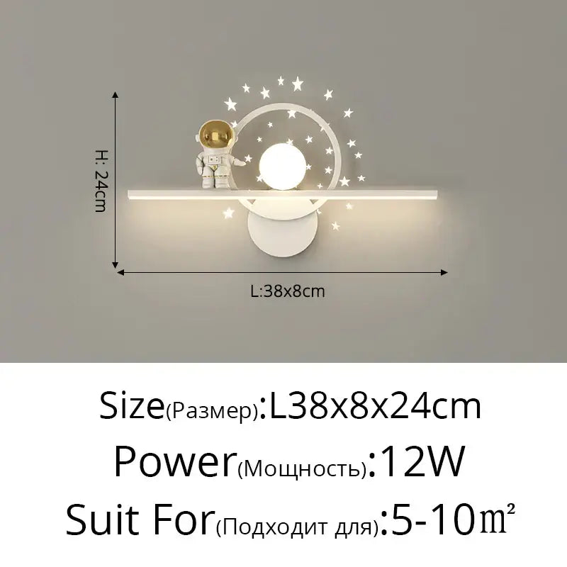 Modern white astronaut moon wall lamp with gold helmet and star-patterned design for children’s bedroom decorbites astronaut moon