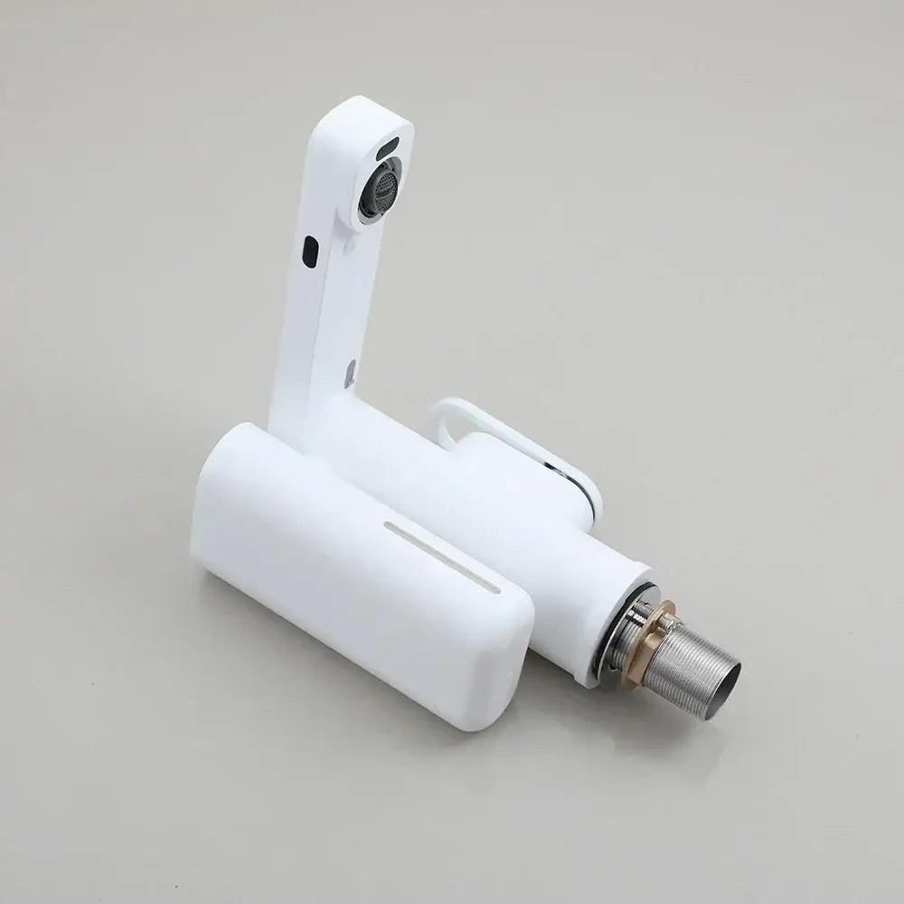 Modern white automatic sensor foam soap faucet with sleek design and metallic threaded connection for bathroom sink