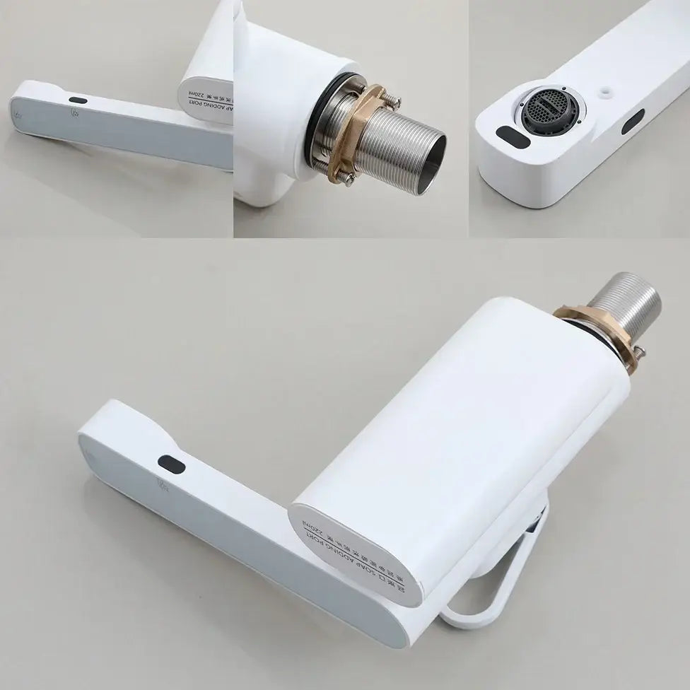 Modern white automatic sensor foam soap faucet with sleek minimalist design and metallic spout connection for bathroom sink