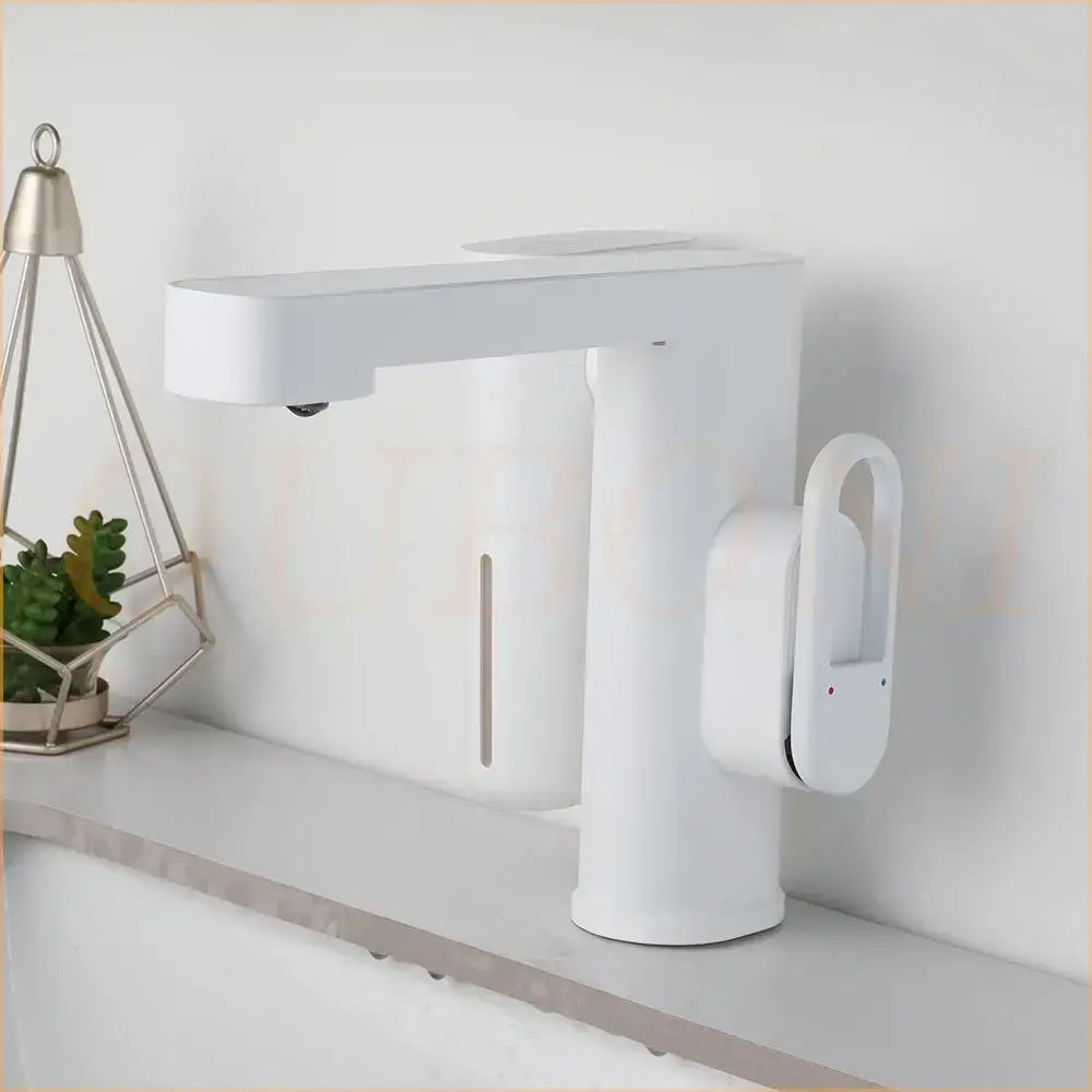 Modern white ceramic sensor faucet with sleek minimalist design and automatic sensor foam soap control panel for bathroom sinks