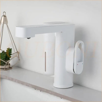 Modern white ceramic sensor faucet with sleek minimalist design and automatic sensor foam soap control panel for bathroom sinks