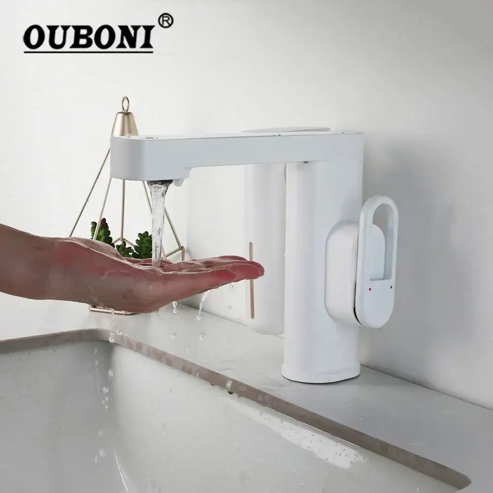 Modern white Ouboni sensor faucet with automatic sensor foam and integrated touch control for bathroom sink use
