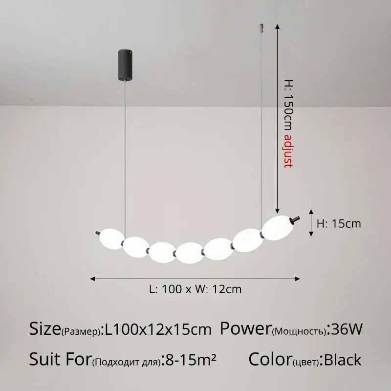 Black modern pendant light with a curved row of seven frosted glass orbs for a bead nordic chandelier design