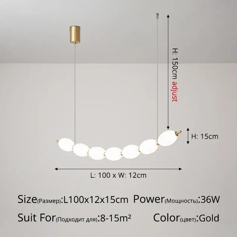 Modern white bead nordic chandelier with gold-finished pendant light and curved row of seven frosted glass orbs suspension
