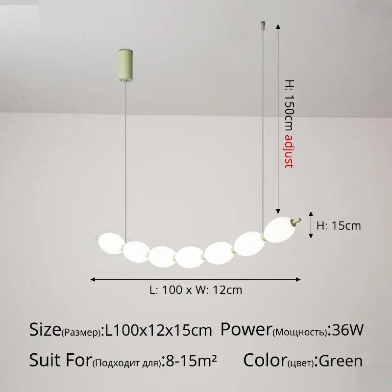 Modern white bead nordic chandelier featuring a green pendant light with seven frosted glass orbs for dining rooms