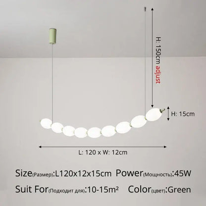 A modern green bead nordic chandelier with nine frosted glass bulbs and a cylindrical ceiling mount for dining rooms