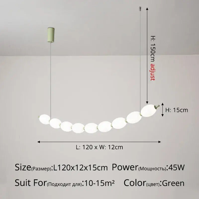 A modern green bead nordic chandelier with nine frosted glass bulbs and a cylindrical ceiling mount for dining rooms