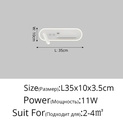 Modern white bedside wall lamp with sleek oval led light fixture and integrated usb ports for bedroom use