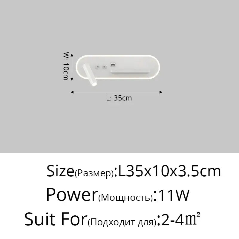 Modern white bedside wall lamp with sleek oval led light fixture and integrated usb ports for bedroom use