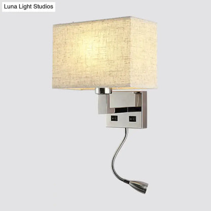 Modern white and beige fabric wall light kit with rectangular sconce, chrome base, and adjustable gooseneck reading light