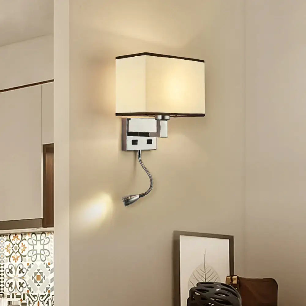 Modern rectangular wall light kit with cream fabric shade chrome frame and adjustable gooseneck reading light for bedroom