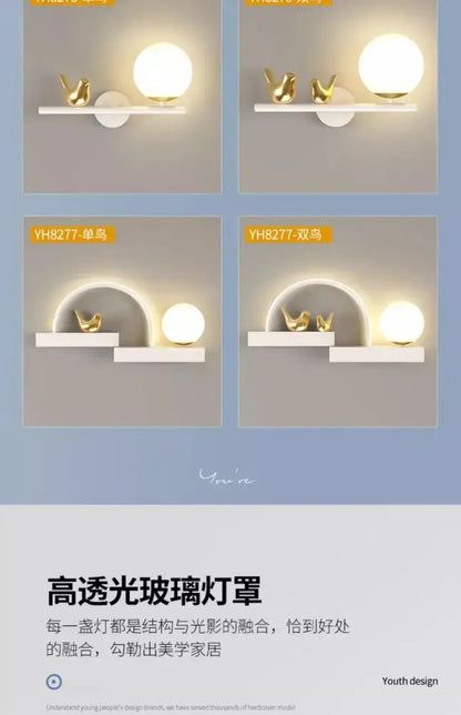 Modern white wall lights with spherical glass shade and golden bird figurines on led shelf for living room decorbites bird wall