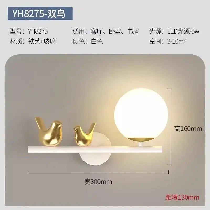 Modern white wall lights with spherical glass shade and golden bird figurines on led shelf for living room decorbites bird wall lights