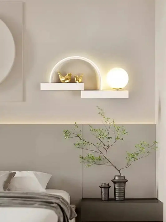 Modern white bird wall lights feature a sleek floating shelf with curved led arch and golden decorbites bird wall figurines