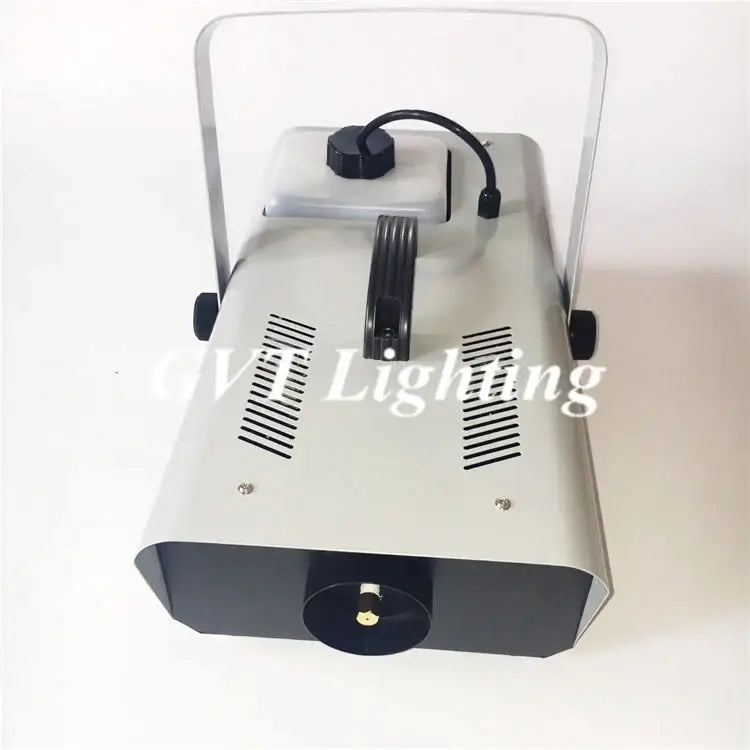 Silver and black professional-grade 1500w smoke machine with transparent handle for stage and party room lighting effects
