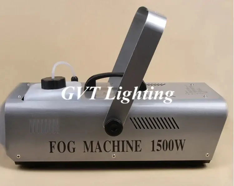 Silver metallic 1500w smoke machine with black handle and control knob for modern white and black party room effects