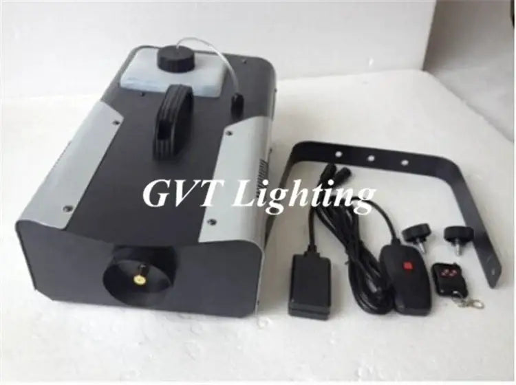 Black and silver gvt lighting 1500w smoke machine with handle, remote, power cord, and mounting bracket for party room use