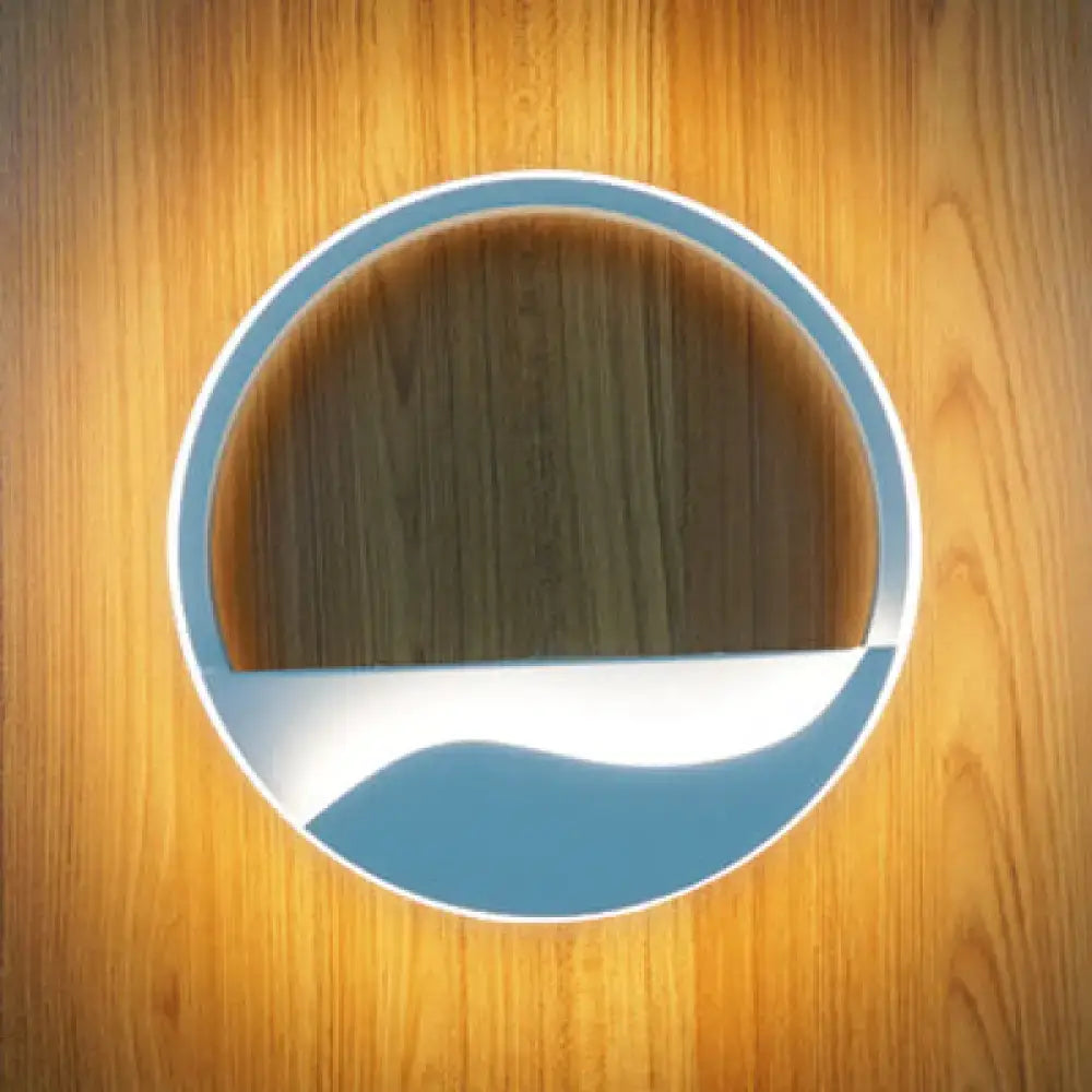 Circular sticker with blue and white border and wood grain texture for modern white and black acrylic wall sconce warm white light