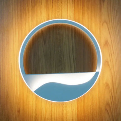 Circular sticker with blue and white border and wood grain texture for modern white and black acrylic wall sconce warm white light