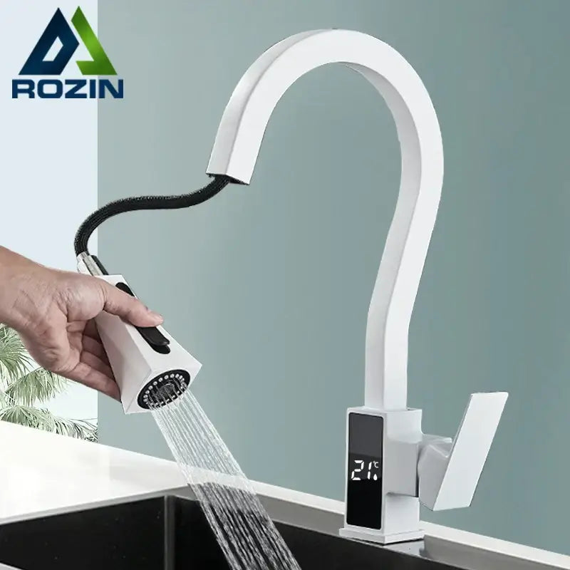 Modern white and black brass kitchen faucet with digital temperature display and pull-out spray head for decorbites black brass kitchen