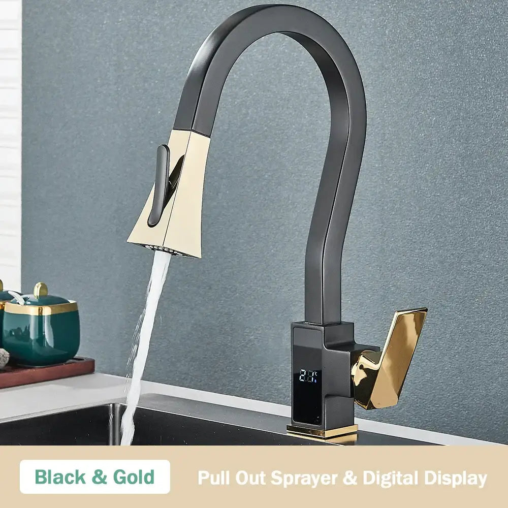 Modern white and black brass kitchen faucet with black brass kitchen pull-out sprayer and temperature display by decorbites black brass
