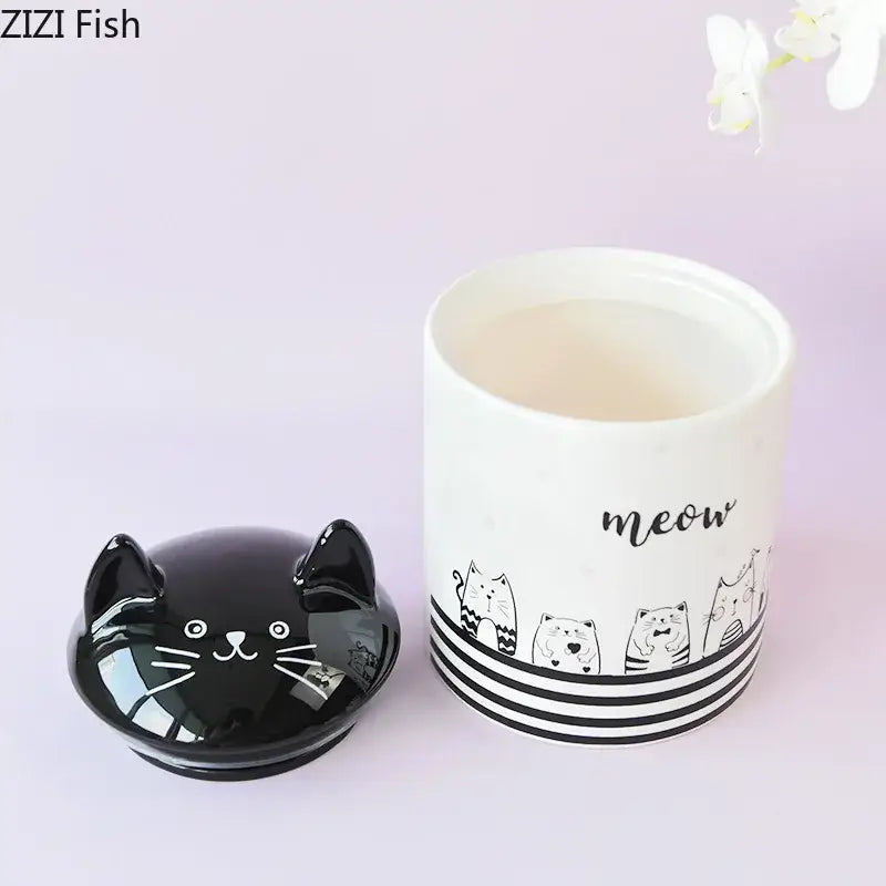 Modern white and black cat ceramic jewelry jar with black cat ceramic glossy lid and striped cartoon decorbites black cat design