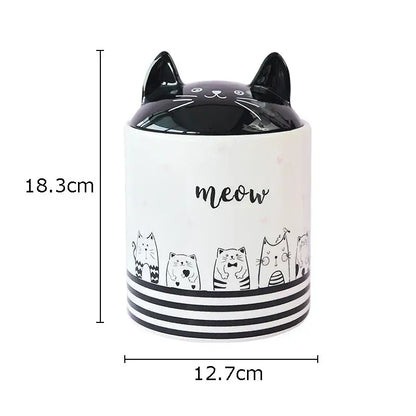 Modern white ceramic jewelry jar with black cat ceramic lid and meow decorbites black cat decorative illustrations