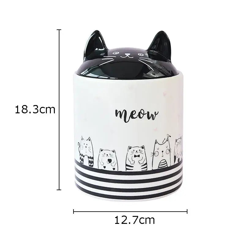 Modern white ceramic jewelry jar with black cat ceramic lid and meow decorbites black cat decorative illustrations